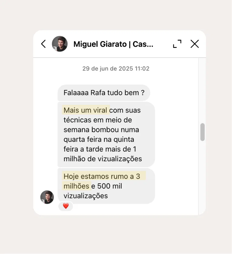 Print do direct do Instagram: Miguel Giarato relata mais um viral usando as técnicas do Reels Pro, rumo a 3 milhões e 500 mil visualizações.