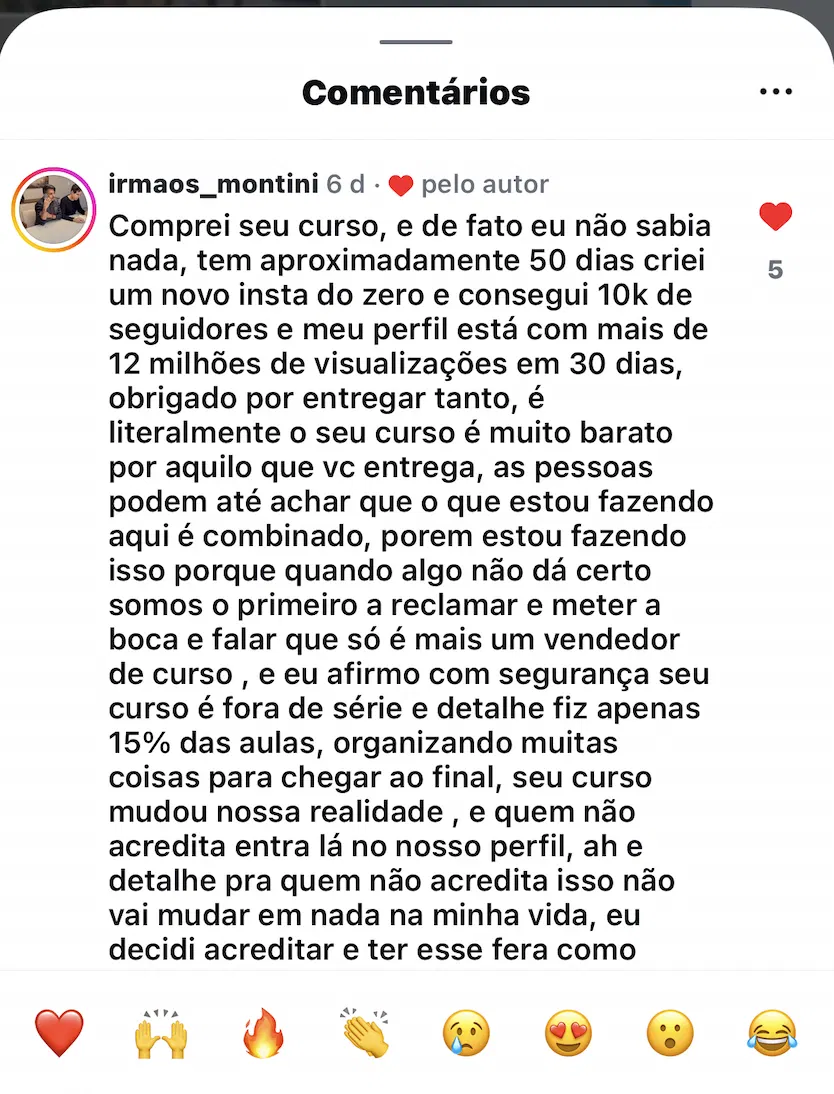 Depoimento real do aluno @irmaos_montini no Instagram comentando sobre os resultados do Reels Pro